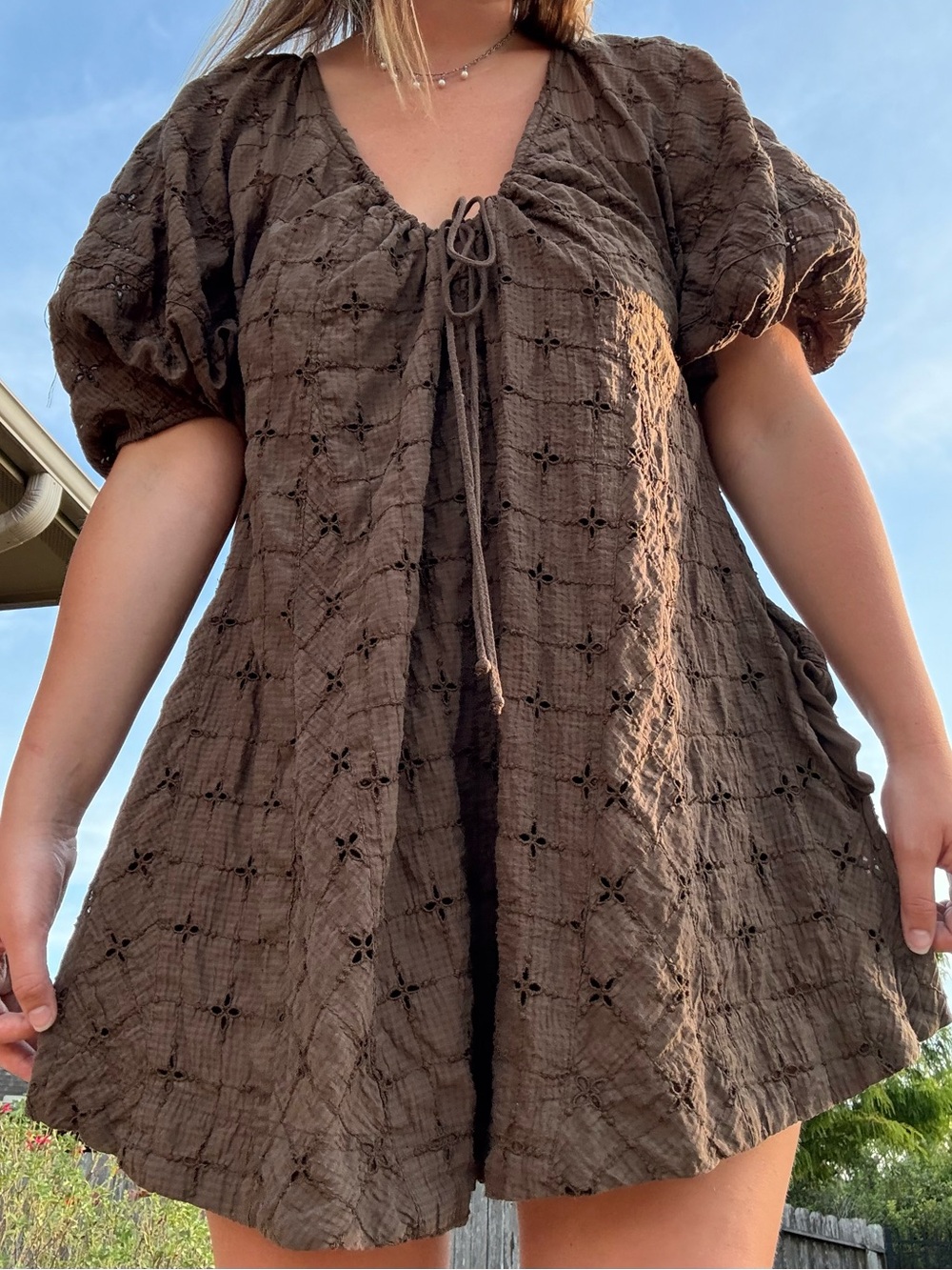 Free People Brown Puff Sleeve Eyelet Romper